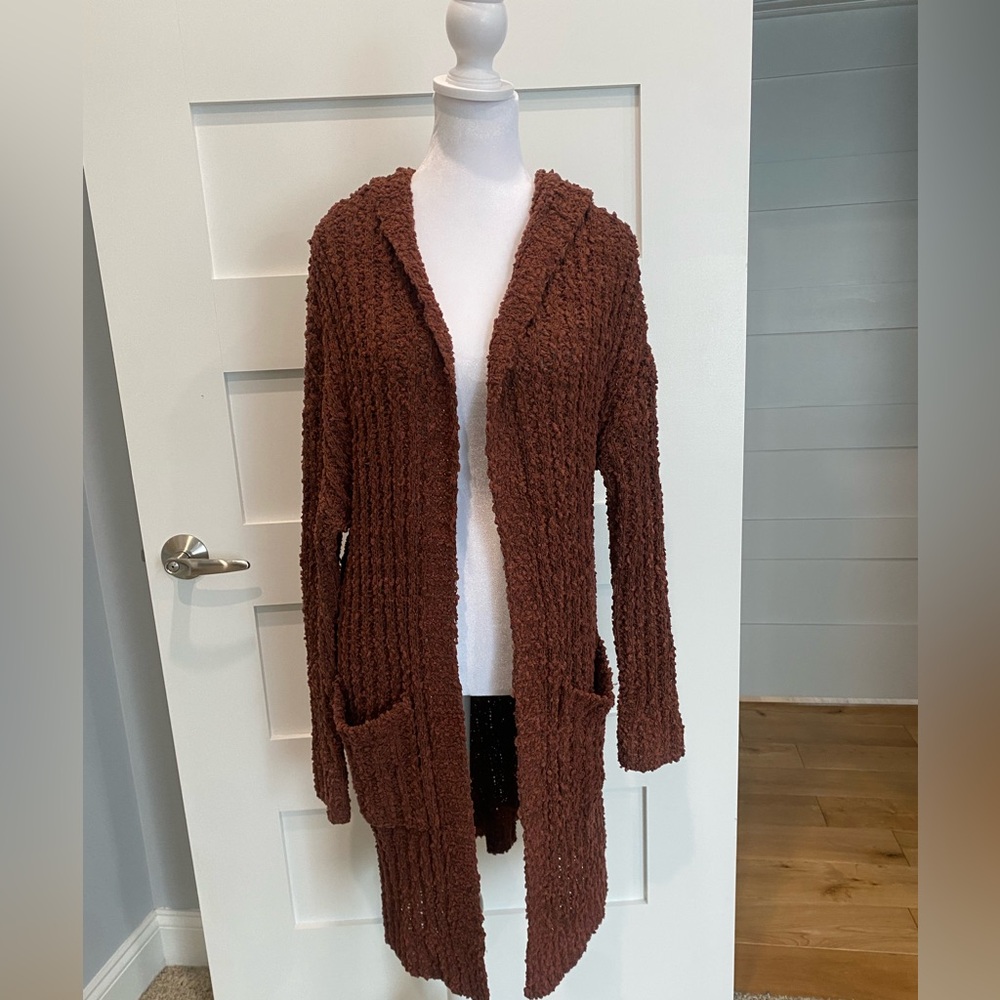 Brown popcorn Textured long hooded open cardigan